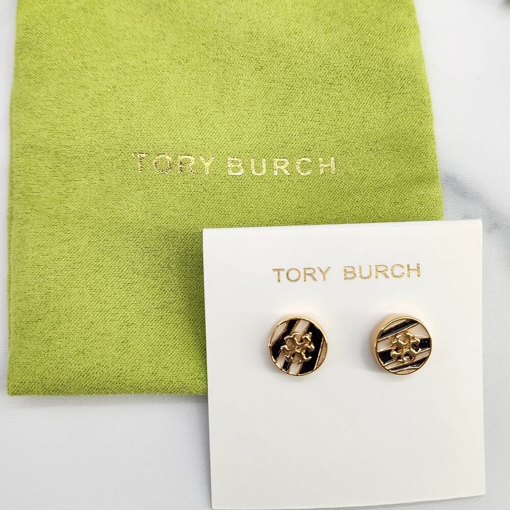 Tory Burch Iconic White Black Enamel & Gold Stud Earrings Gold Tone Double Ts